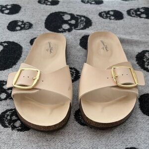 Universal Thread Tan Mules with Gold Buckle